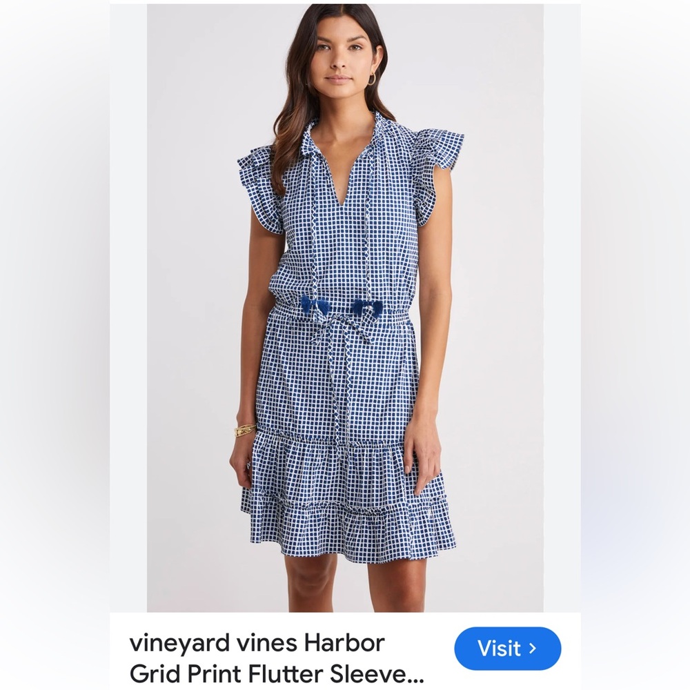 Vineyard Vines Blue Grid Print Flutter Sleeve Dress NWOT